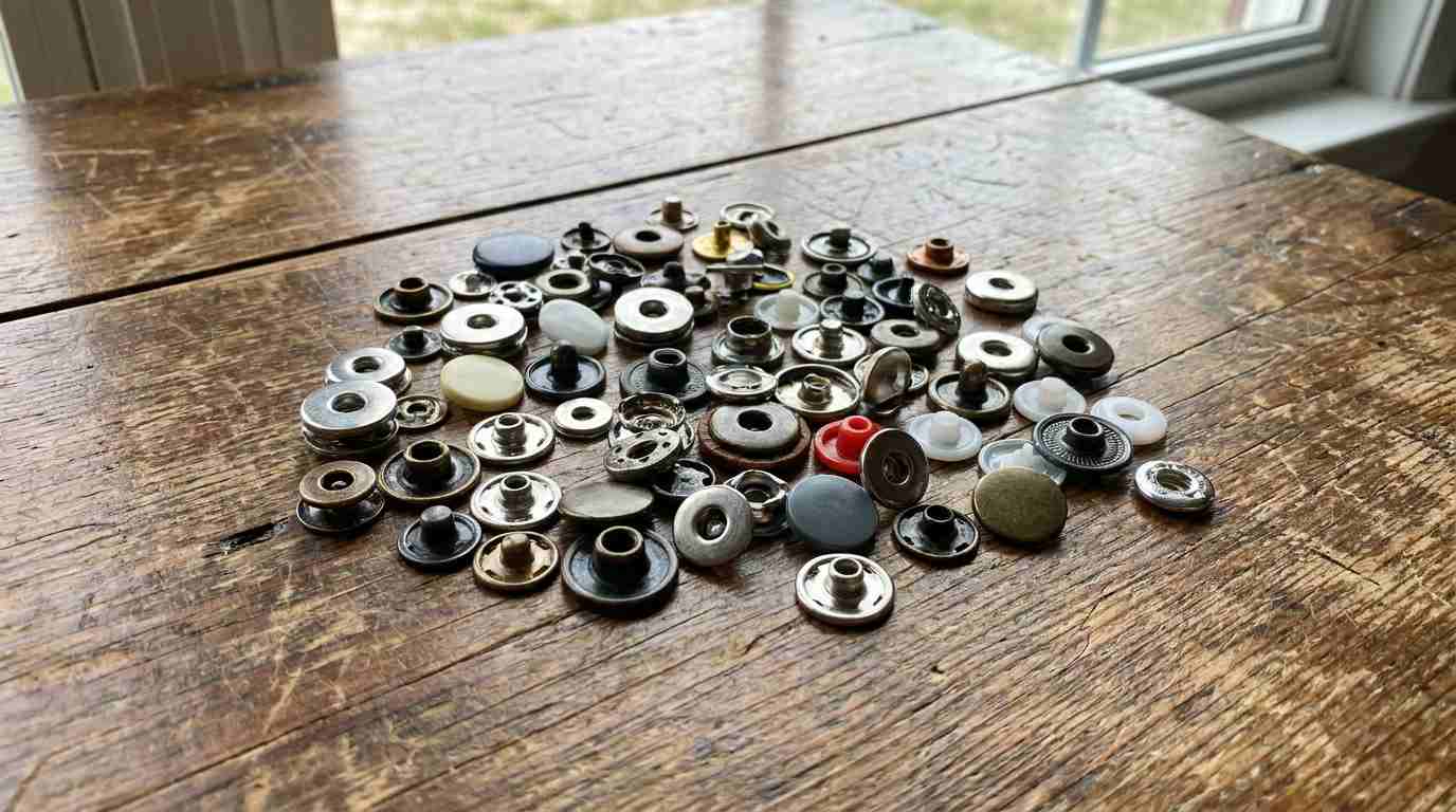ring snap buttons, Ring snap buttons in assorted sizes and metal finishes are grouped together on a wooden surface.